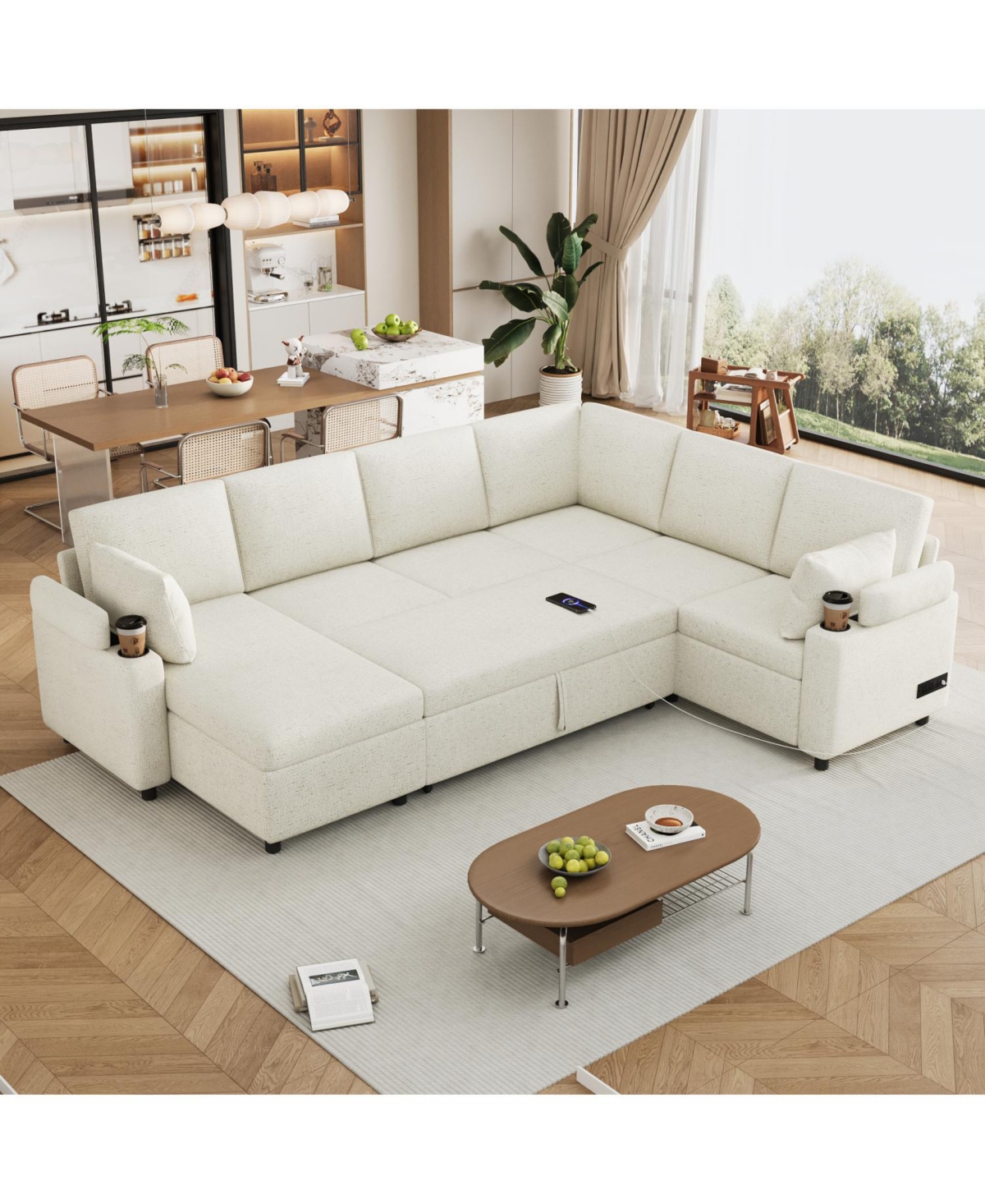 Streamdale Furniture 109.9" U-Shaped Sectional Sofa Bed with Storage, Cup Holders & Charging