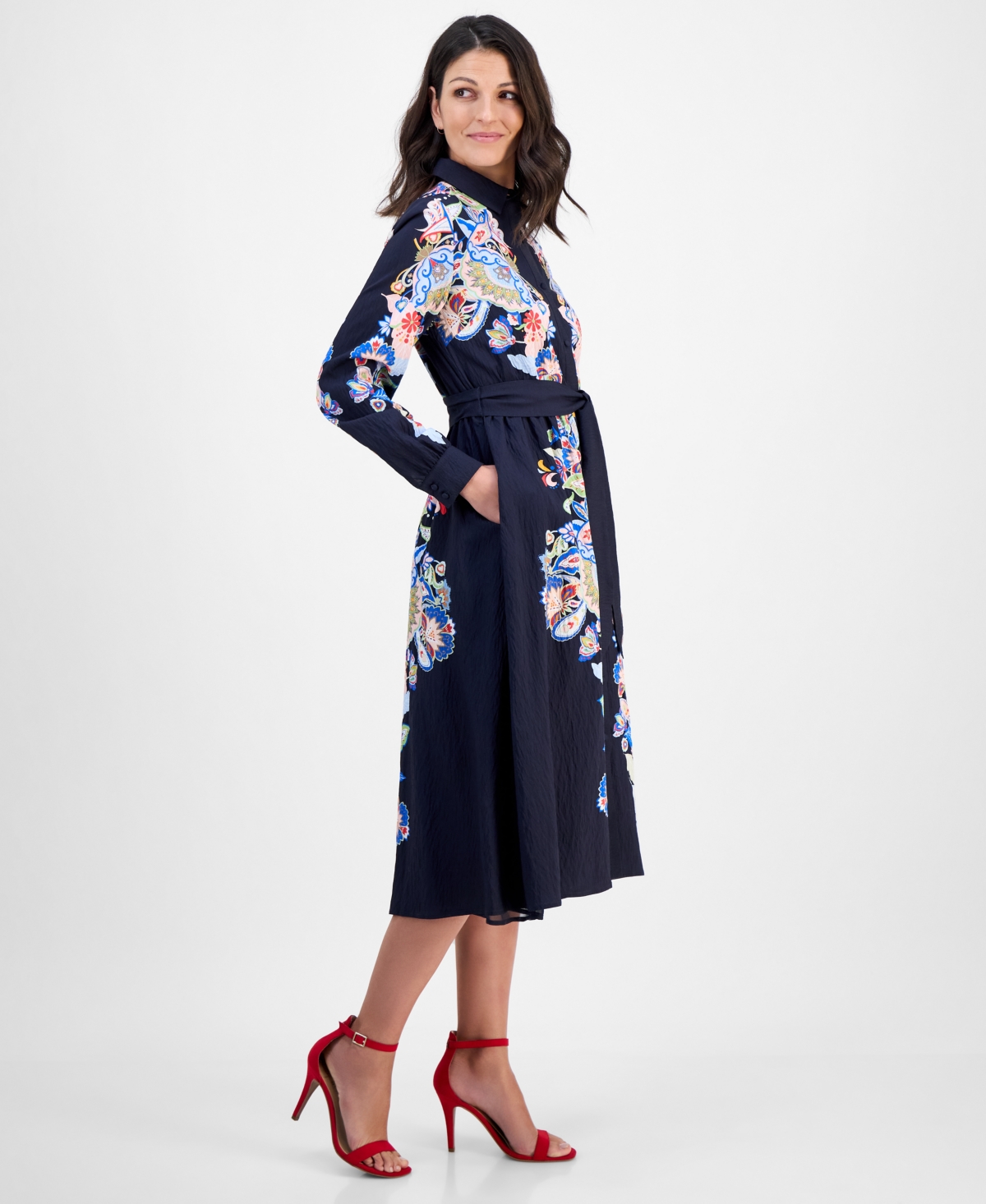 T Tahari Women's Paisley Button-Down Midi Dress