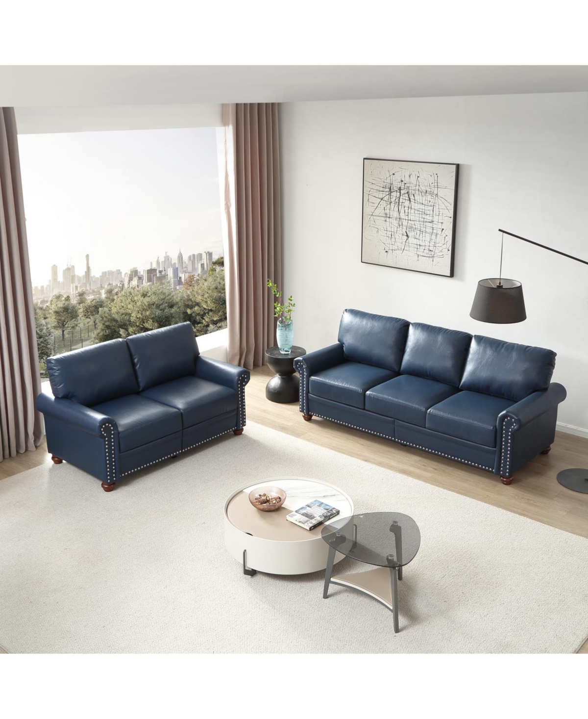 Streamdale Furniture Living Room Sofa with Storage Sofa 2+3 Sectional Navy Blue Faux Leather