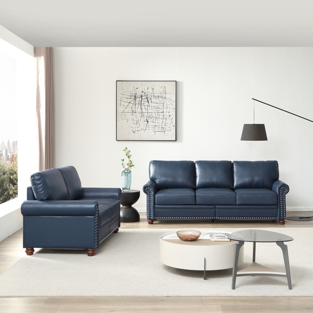 Streamdale Furniture Living Room Sofa with Storage Sofa 2+3 Sectional Navy Blue Faux Leather