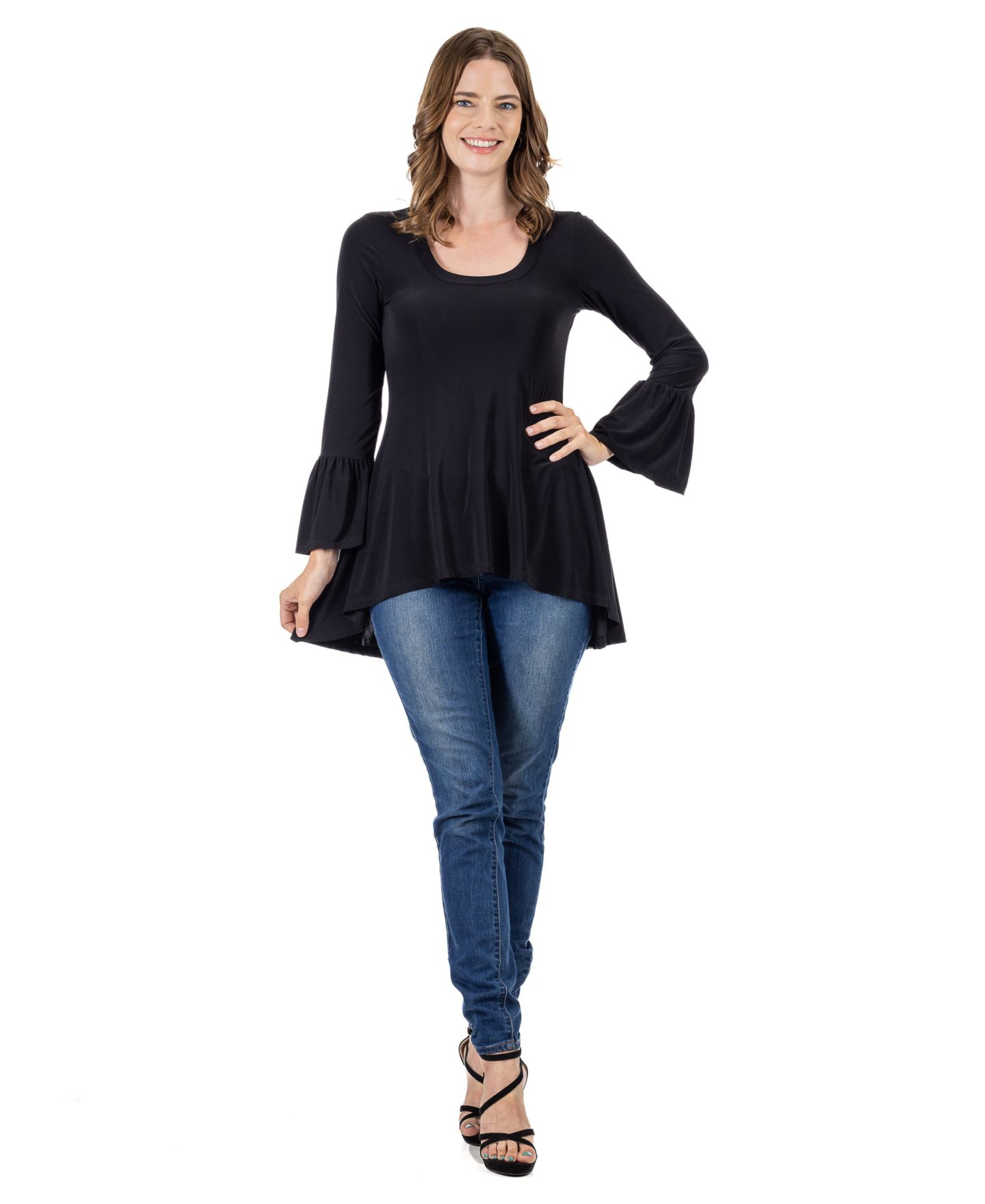 Женский топ 24seven Comfort Apparel Long Bell Sleeve High Low Tunic Top, цвет: Чёрный — фото 1