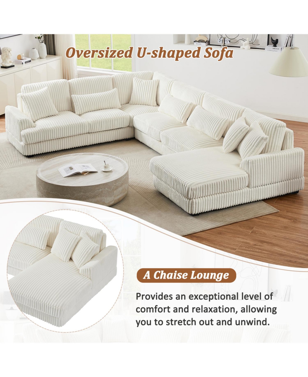 Streamdale 129" U-Shaped Sectional Sofa Corduroy with Chaise