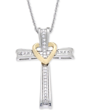 image of Diamond Cross Pendant Necklace (1/10 ct. t.w.) in 14k White and Yellow Gold
