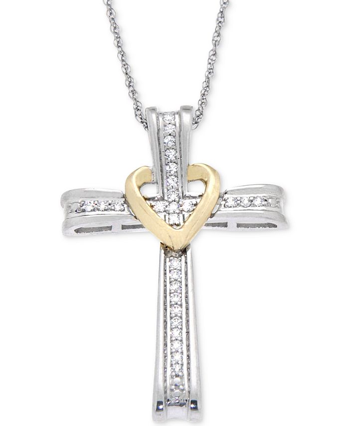 Macy's - Diamond Cross Pendant Necklace (1/10 ct. t.w.) in 14k White Gold with Yellow Gold Accent