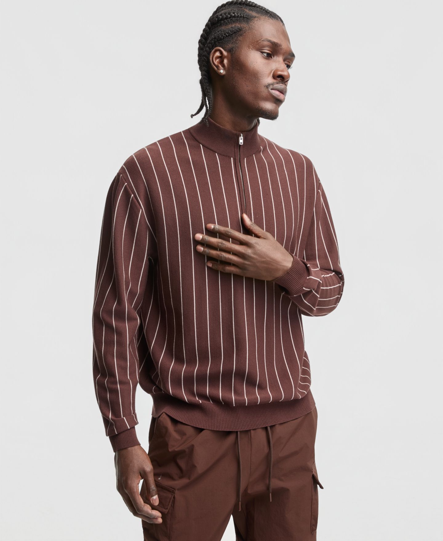 Мужской свитер Mode of One Relaxed-Fit Long-Sleeve Stripe Quarter-Zipper, цвет: Chicory Coffe — фото 1