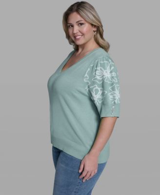 Plus Size Floral Printed Sleeve Sweater