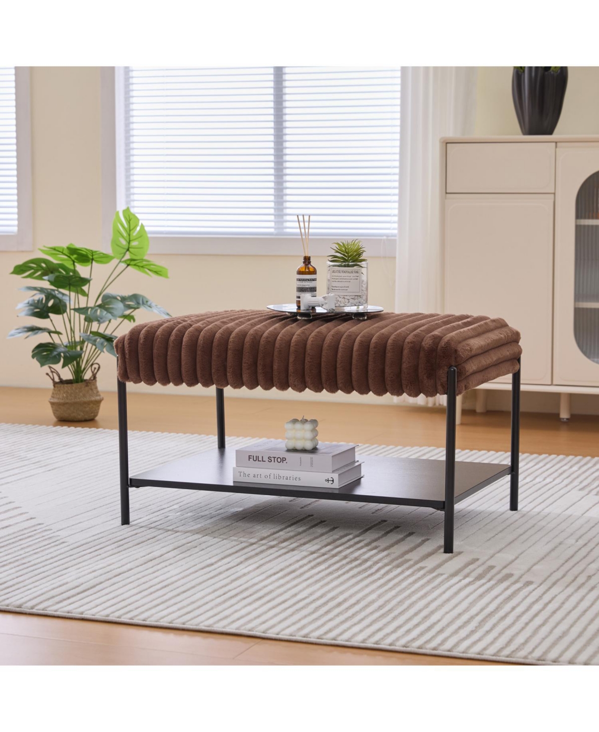 Streamdale Furniture Upholstered Ottoman Coffee Table with Storage Shelf - Brown