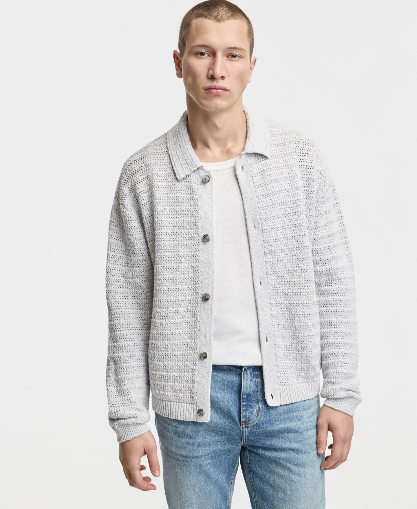 Мужской свитер Mode of One Relaxed-Fit Elio Long-Sleeve Polo Sweater, цвет: Серебряный — фото 1