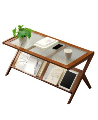 Rattan Coffee Table with Glass Top & Storage