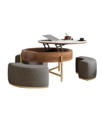 Lift-Top Coffee Table Walnut Veneer Ottomans