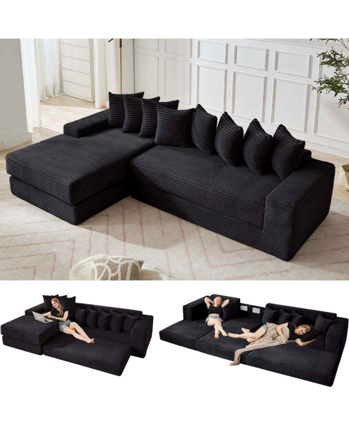 Streamdale Furniture Oversize Cloud Sectional Couch, L-Shape Sofa Bed, 8 Pillows, Corduroy, Black