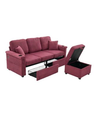 L-Shaped Sectional Sofa w/ Storage Ottoman, USB, Cup Holder, Corduroy