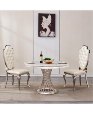 47" Round Marble Dining Table, High Gloss Faux Marble Top, Stainless Steel Base