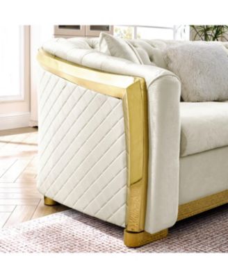 L-Shaped Chesterfield Sectional Sofa, Velvet, Gold Accents, Beige