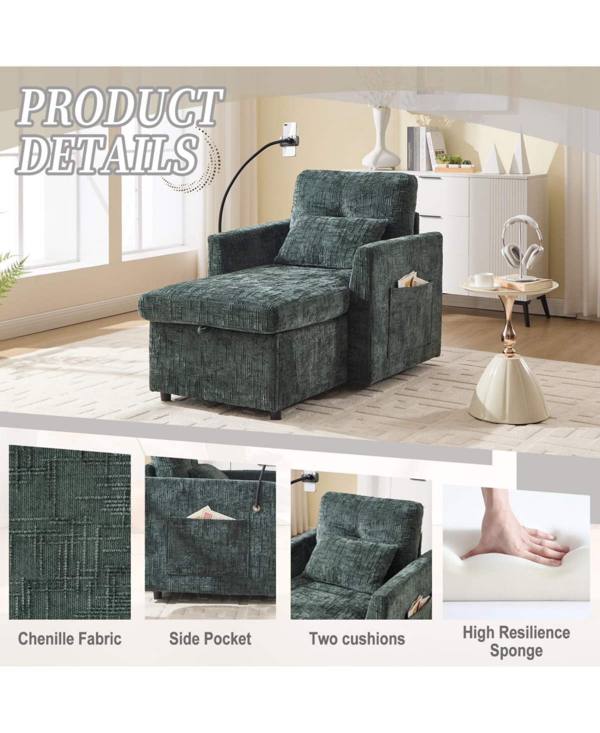 Streamdale Furniture Multifunctional Chenille Recliner Sofa with Storage & Phone Bracket