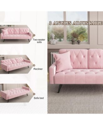 Pink Velvet Sofa Bed with Nailhead Trim & Cup Holders