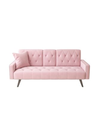 Pink Velvet Sofa Bed with Nailhead Trim & Cup Holders
