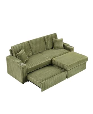 80" Corduroy Sofa Bed with Reclining, Footstool, & Cup Holders - Green