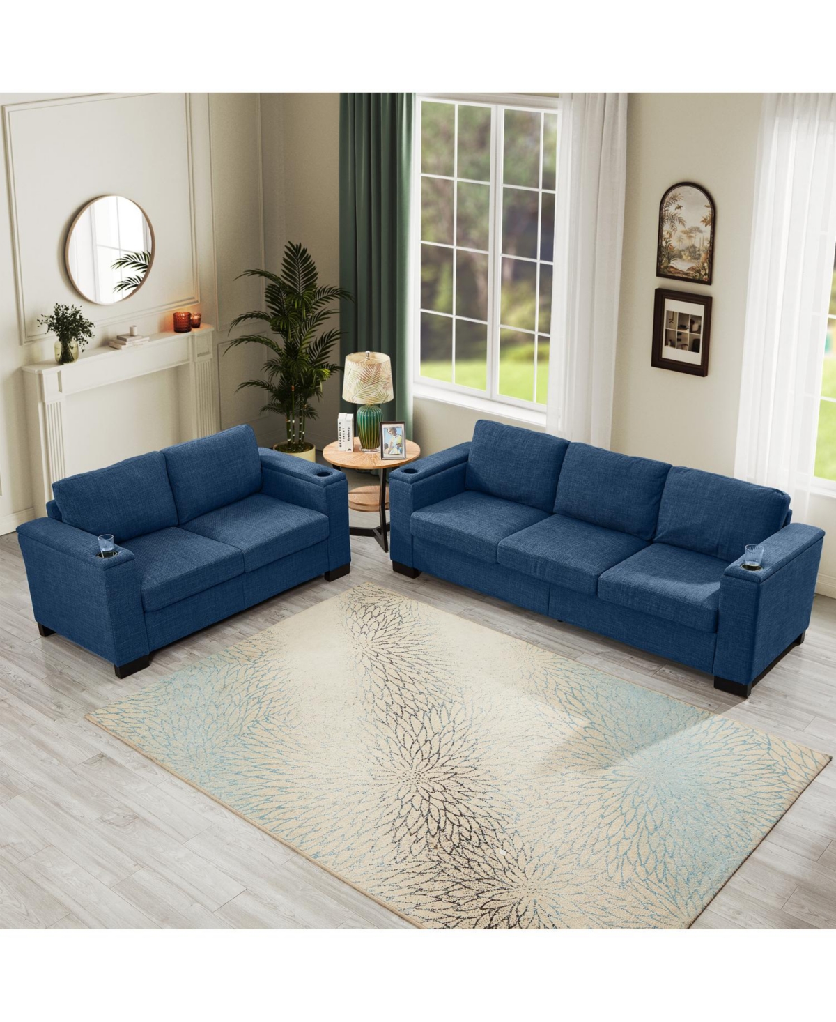 Streamdale Furniture Modern Blue Sofa Set with Cup Holder & Storage