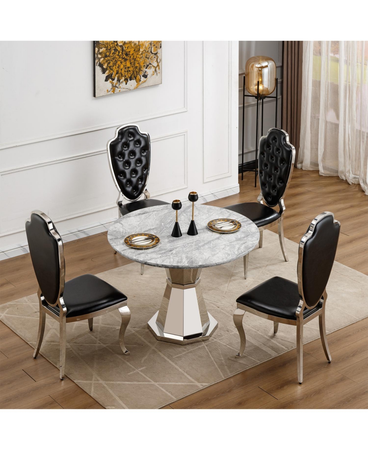 Streamdale Furniture 47" Round Faux Marble Dining Table, Stainless Steel Base