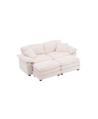 Corduroy 2-Seat Sofa with Pillows & Ottomans - White