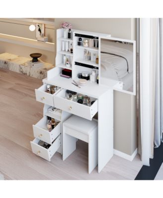 3-Piece Wood Vanity Table Set with Mirror, Stool & Storage