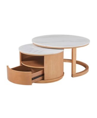  Round Marble Top Nesting Coffee Table, 2-Tier Storage, Drawer, Natural, 28.5"