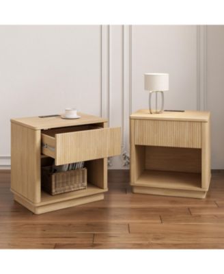 Streamdale Charging Nightstand Set of 2, USB Bedside Tables with Drawer, Natural