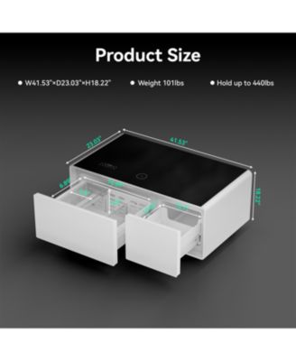 Smart Coffee Table Fridge/Freezer, Bluetooth, Wireless Charge, USB, Light - White