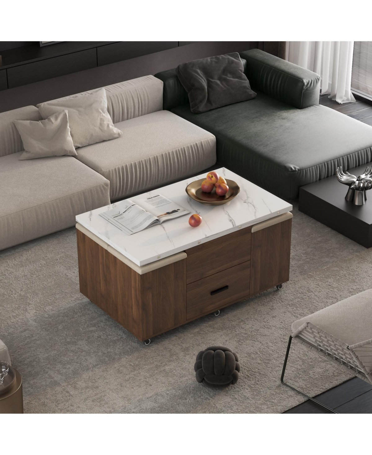 Streamdale Furniture Lift-Top Coffee Table with 4 Stools, Hidden Storage & Drawers