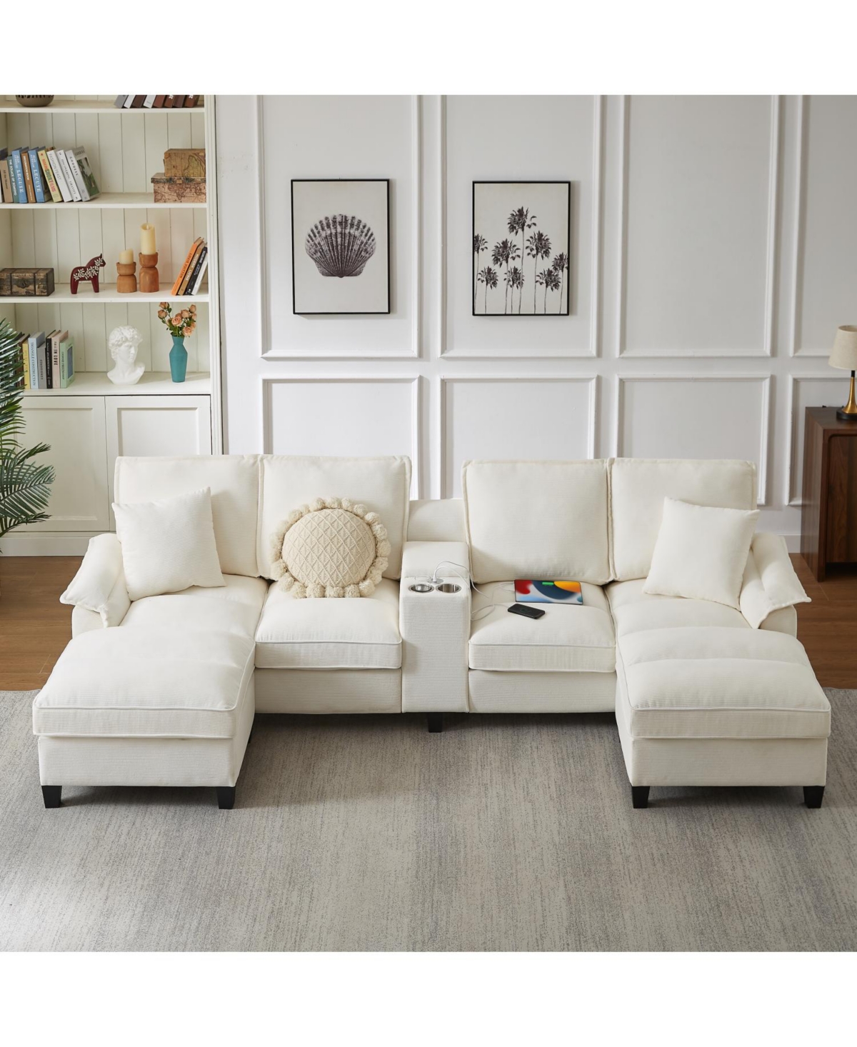 Streamdale Furniture 120" Corduroy Sectional Sofa Bed w/Storage, Cup Holders - Beige