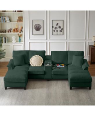 120" Corduroy Sectional Sofa Bed with Storage, U-Shape, Green