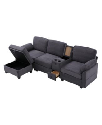 L-Shape Corduroy Sofa- 4-Seater, USB, Storage, Console & Ottoman