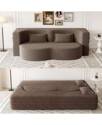 Teddy Fabric Foam Sleeper Sofa Bed with 2 Pillows - Brown