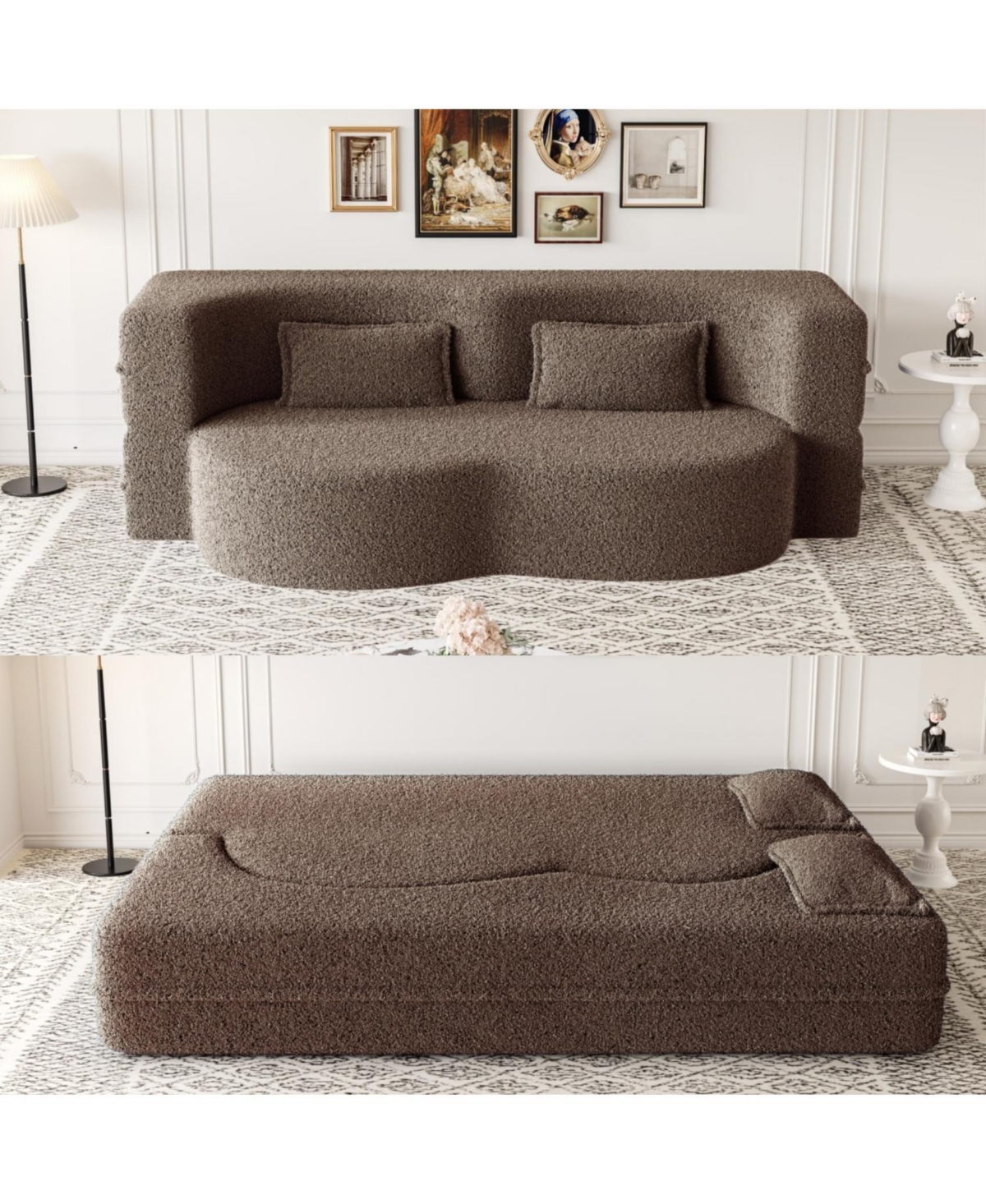 Streamdale Furniture Teddy Fabric Foam Sleeper Sofa Bed with 2 Pillows - Brown