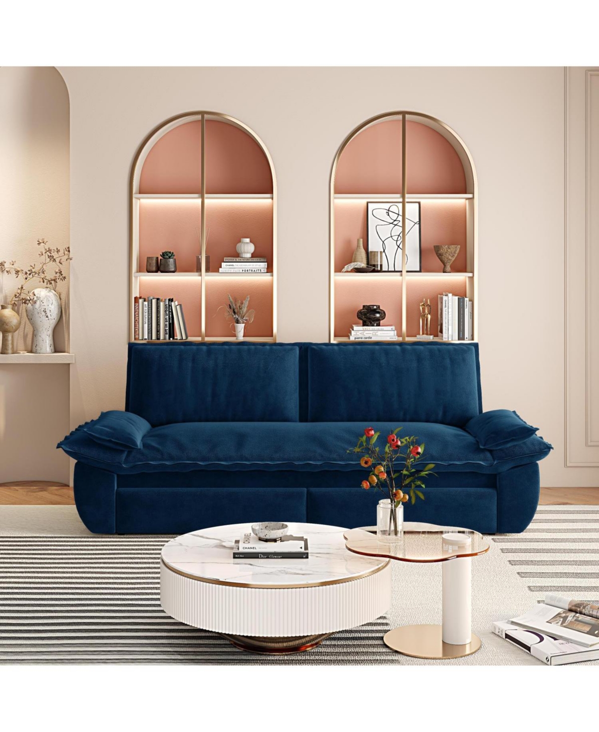 Streamdale Furniture Queen Pull Out Sleeper Sofa Bed - 3-in-1 Convertible Velvet Loveseat, Blue