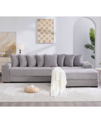 Corduroy L-Shaped Sectional Sofa w/ Ottoman, Pillows & Cup Holders - Light Gray