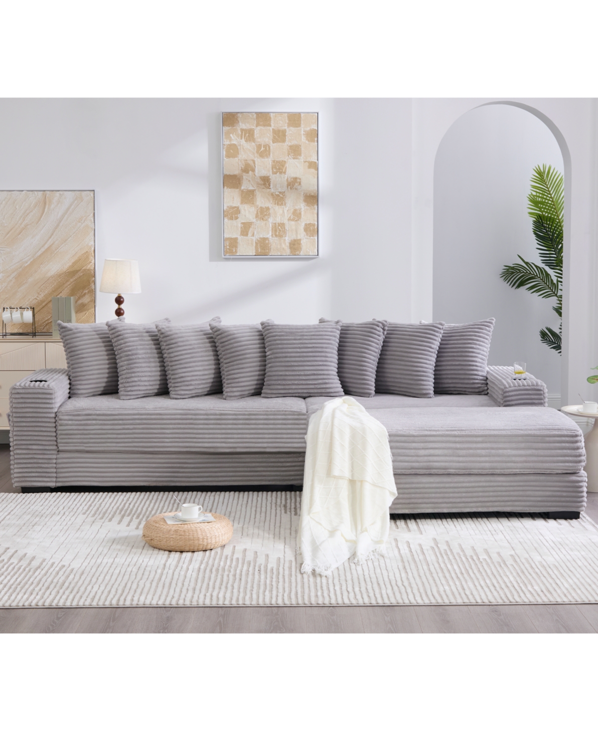Streamdale Furniture Corduroy L-Shaped Sectional Sofa w/ Ottoman, Pillows & Cup Holders - Light Gray