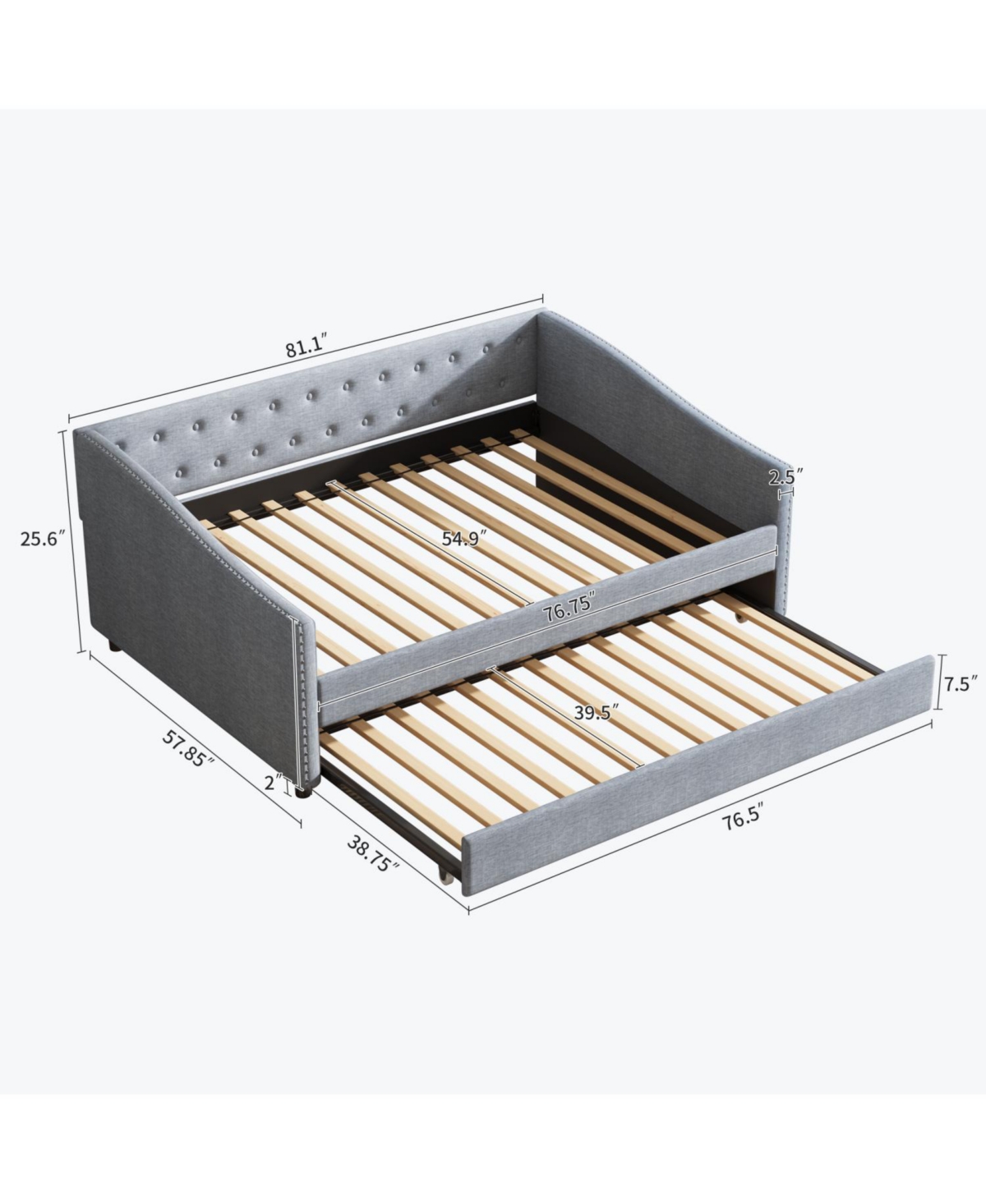 Streamdale Furniture Upholstered Daybed with Twin Trundle, Tufted Sofa Bed - Light Grey