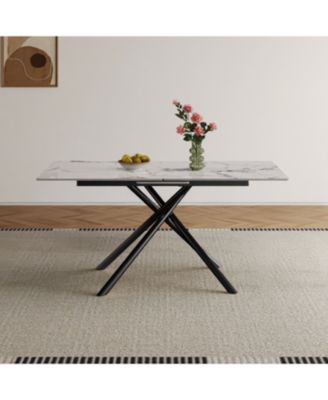 59" Modern Expandable Dining Table, Sintered Stone Top, Black X-Base