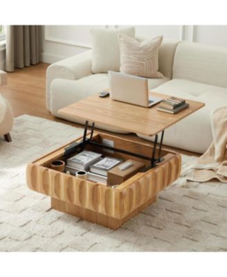 Square Lift-Top Coffee Table with Solid Wood Frame and Hidden Storage