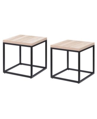 Oak End Table Set (2) - Wood & Metal Nightstand