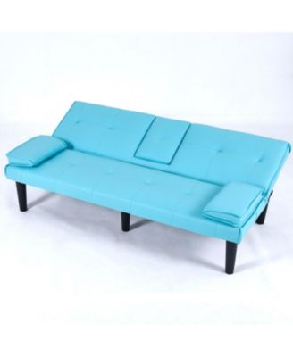 67" Blue PVC Sofa Bed - Foldable with Cup Holder