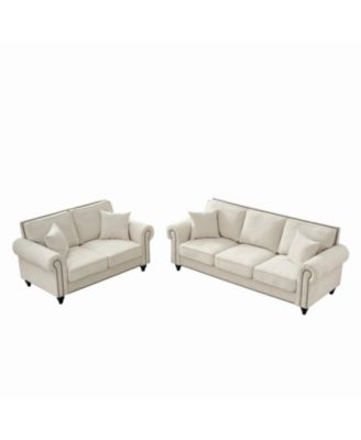 Streamdale Modern 3+2 Seater Chenille Sofa, Rolled Arms, Nailhead Trim - Beige