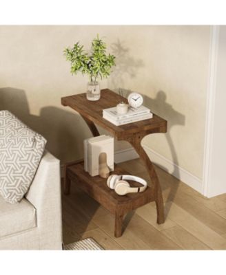 Solid Wood End Table Set of 2 with 2-Tier Storage Shelf, Narrow Side Table for Living Room, Bedroom, Small Spaces, Natural Wood