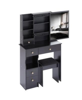 Slim Vanity with XL Sliding Mirror, Multi-Layer Storage, Cushioned Stool