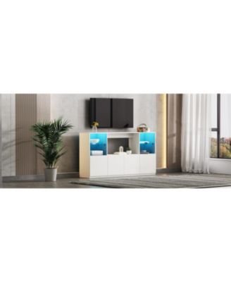 High Gloss TV Stand with LED Lights, Large Storage & Tempered Glass Shelves (Black, 67"Wx13.7"D)