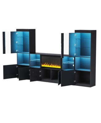 Modern TV Stand with Non-Heating Electric Fireplace, LED Lights, and Tempered Glass Shelves for up to 75" TVs