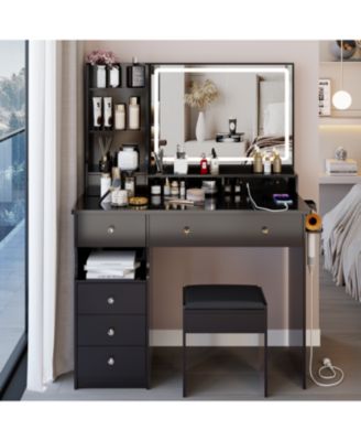 Streamdale Vanity Table with Stool and Power Station, Extra Large LED Mirror, Hair Dryer Stand