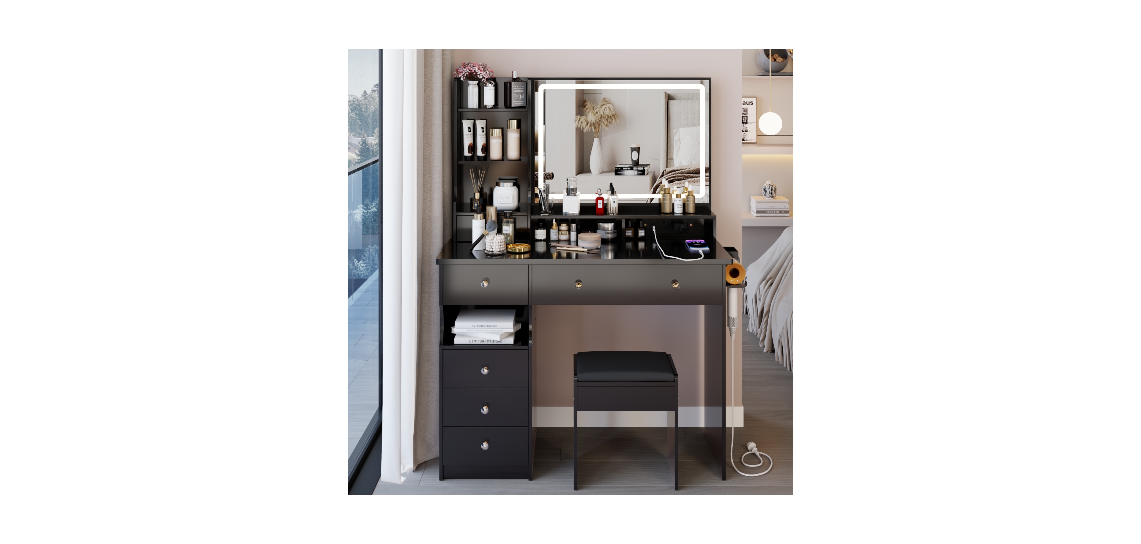 Streamdale Furniture Streamdale Vanity Table with Stool and Power Station, Extra Large Led Mirror, Hair Dryer Stand